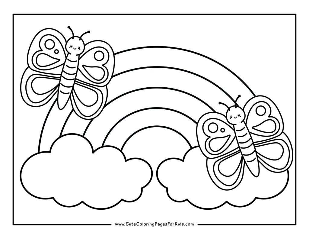 rainbow coloring page with large rainbow and clouds in the back and two smiling butterflies in the front.