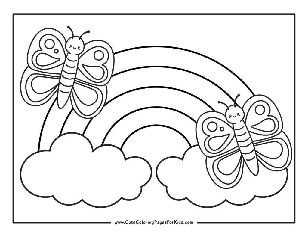 rainbow coloring page with large rainbow and clouds in the back and two smiling butterflies in the front.