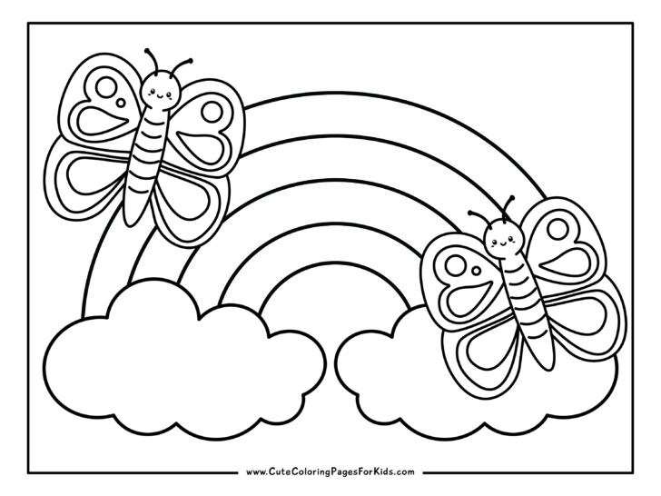 coloring page with picture of large rainbow with two butterflies