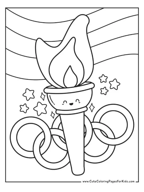 coloring page with picture of torch with flame. There are rings in the background with stars and curvy stripes