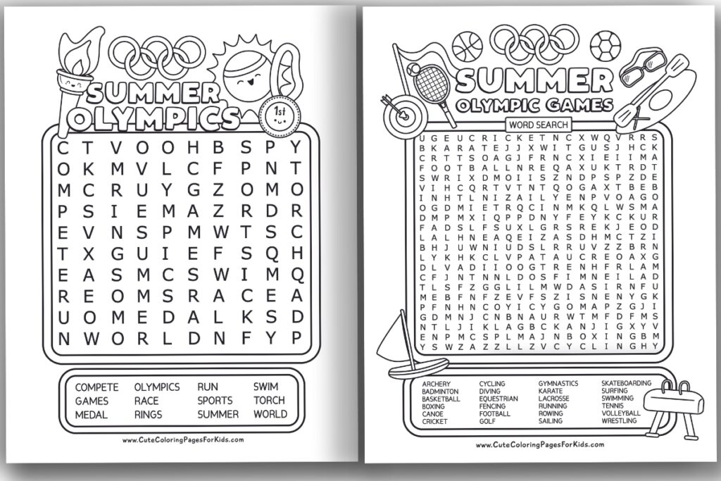 Two printouts of Summer Olympics themed word searches in black and white with cute illustrations that can be colored. There is an easy word with large print and a more challenging puzzle with more words and smaller print.