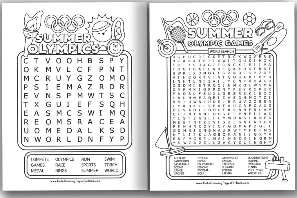 Two printouts of Summer Olympics themed word searches in black and white with cute illustrations that can be colored. There is an easy word with large print and a more challenging puzzle with more words and smaller print.