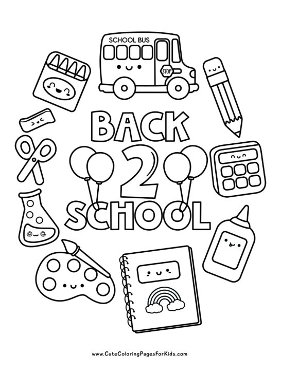 coloring page with text "back 2 school" surrounded by illustrations of smiley school supplies