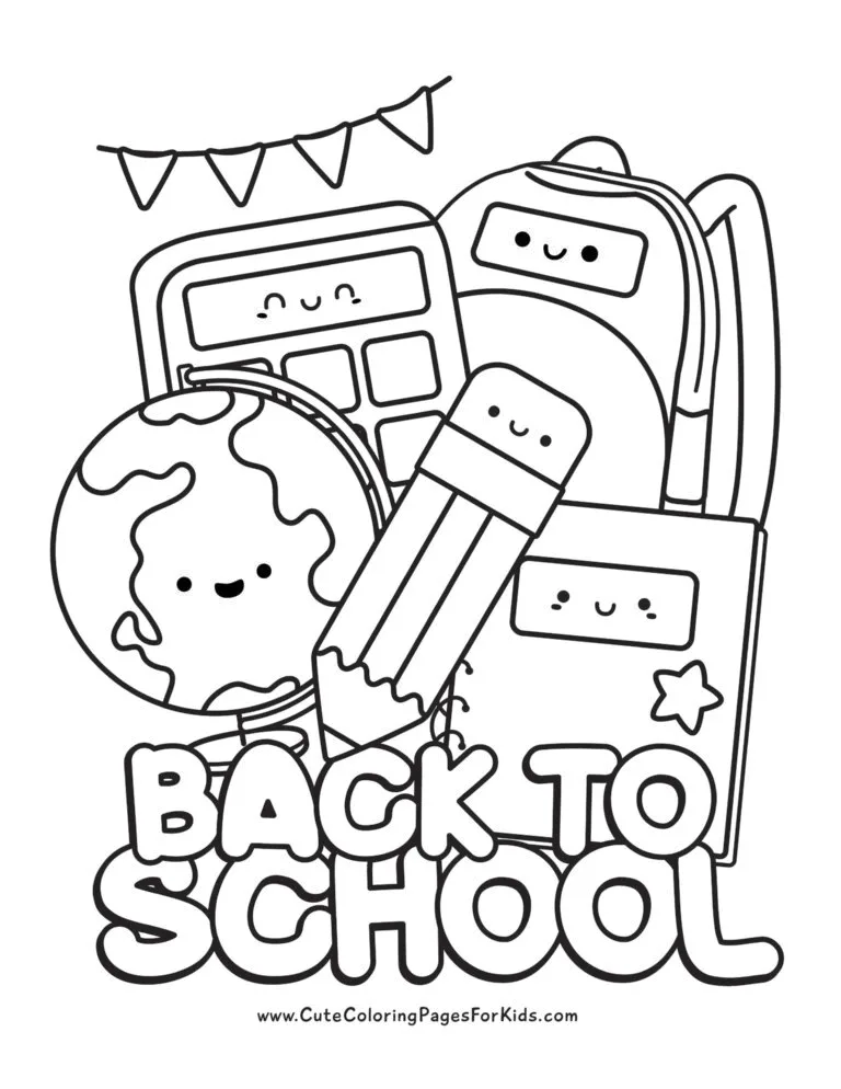 back to school coloring page with kawaii backpack and school supplies