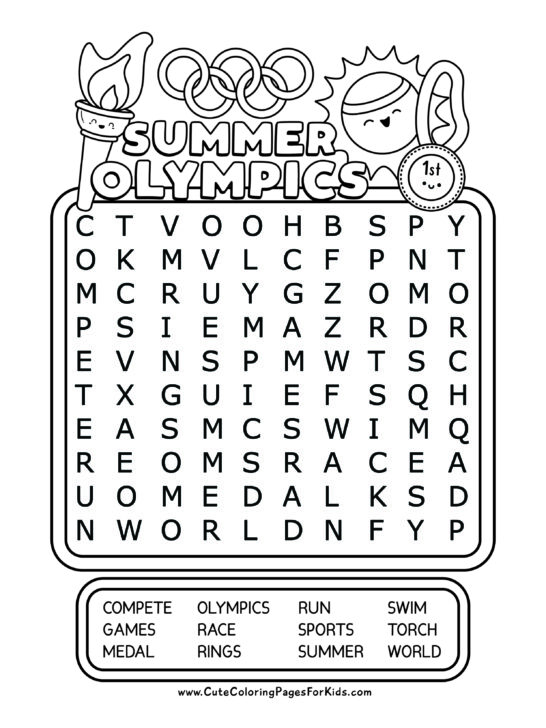 word search puzzle sheet with the words "summer olympics" and cute illustrations of Olympics-inspired characters. 