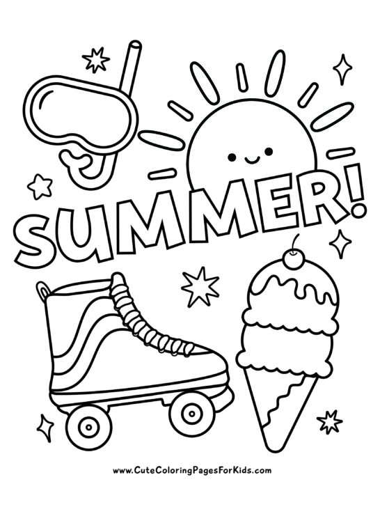 summer coloring sheet with sun, snorkel mask, ice cream cone, and roller skate and the word summer