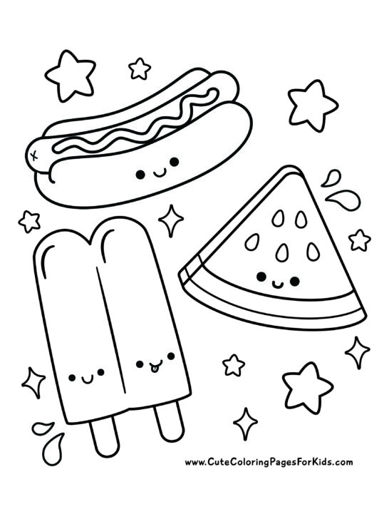 coloring sheet with kawaii hot dog, watermelon slice, and twin popsicles