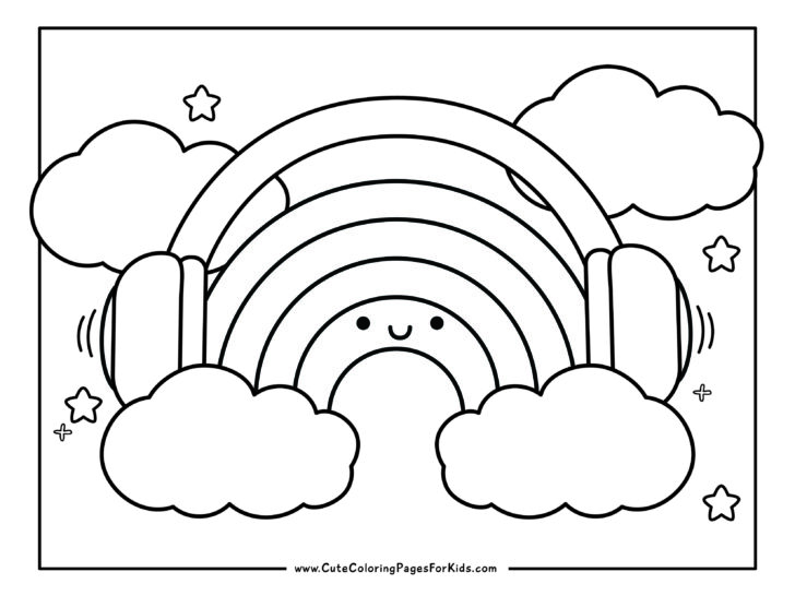 coloring page with picture of a rainbow listening to headphones in kawaii illustration style