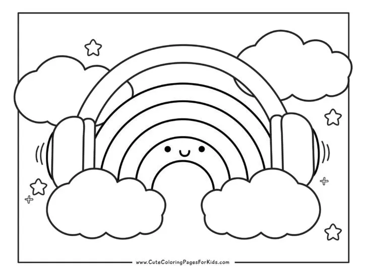 coloring page with picture of a rainbow listening to headphones in kawaii illustration style