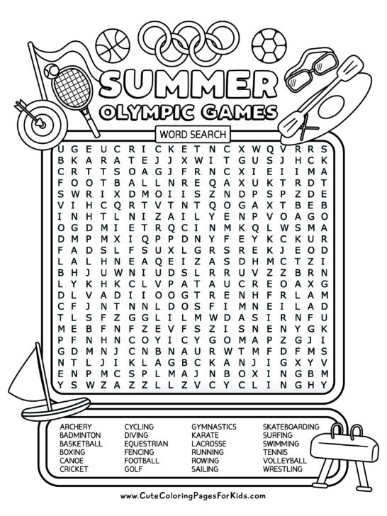Word search puzzle sheet with illustrations and words associated with the sports of the summer olympics, in black and white