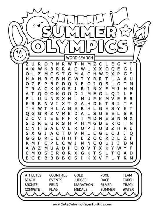 summer olympics word search page in black and white with Olympics-themed illustrations and words