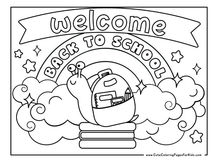 coloring page with words "Welcome Back to School" and cute drawing of a snail with a backpack, and rainbow and clouds as a backdrop