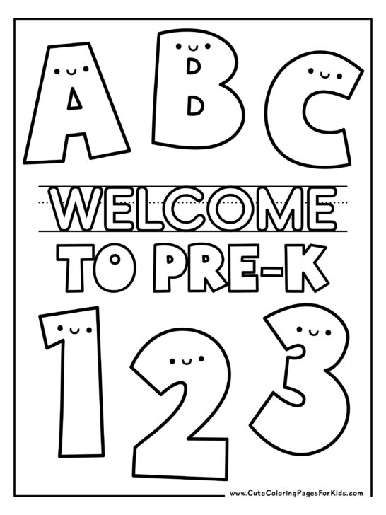 coloring page with words Welcome to Pre-K surrounded by cute ABC and 123 illustrations.