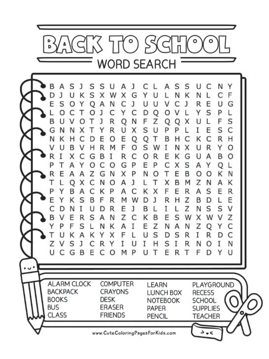 back to school word search sheet with twenty words and black and white illustrations.
