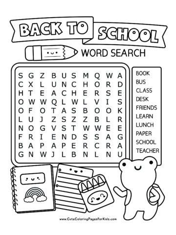 back to school themed word search puzzle with 10 words and simple illustrations of school supplies