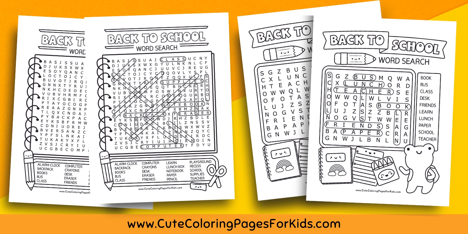 two sets of word search sheets with answer sheets, school themed words, on yellow and orange background.