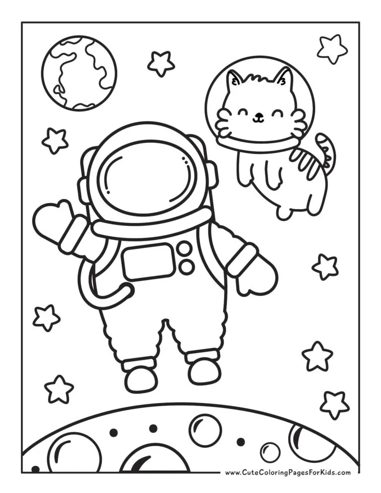 coloring page with picture of an astronaut and a cat in space with stars and part of the moon, with the earth off in the distant background