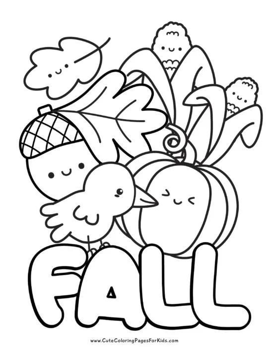 cute fall coloring sheet with kawaii characters such as a crow, pumpkin, corns, acorn, and leaves