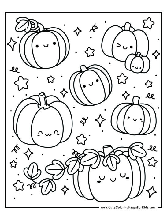 coloring sheet with lots of cute pumpkins and other decorations to color, such as stars and swirls