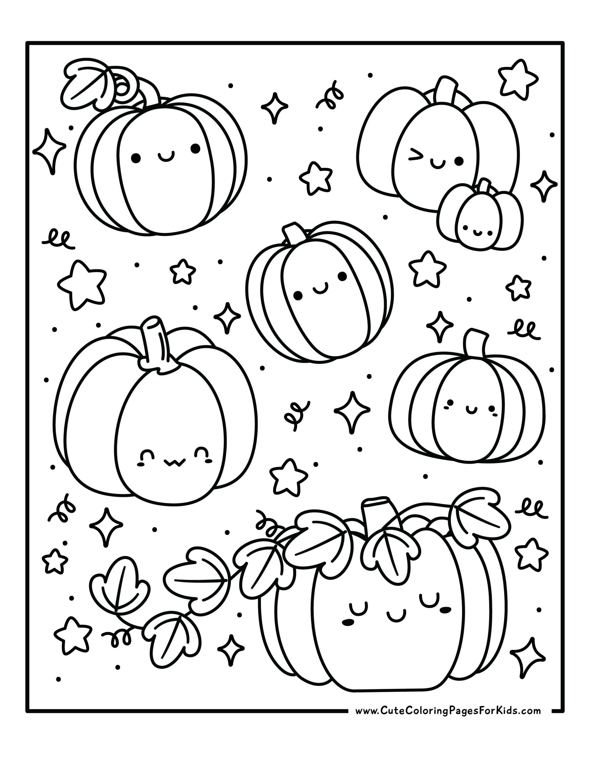 coloring sheet with lots of cute pumpkins of different sizes and shapes and other decorations to color, such as stars and swirls