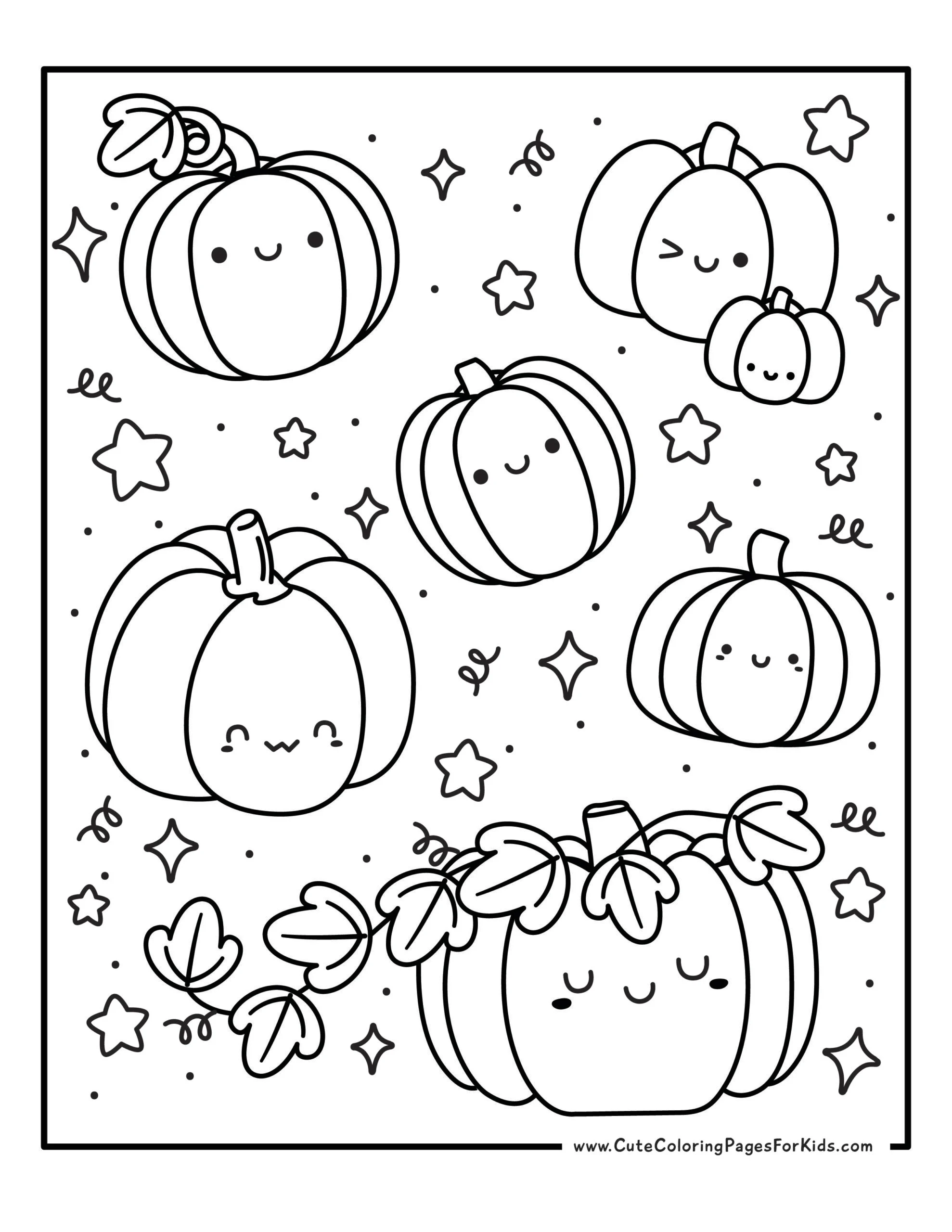 coloring sheet with lots of cute pumpkins of different sizes and shapes and other decorations to color, such as stars and swirls