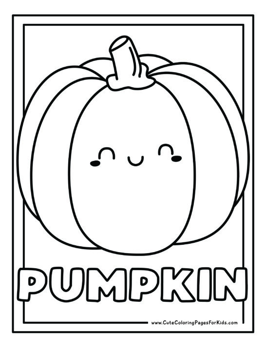 pumpkin coloring page with a smiling pumpkin and the word "pumpkin" underneath