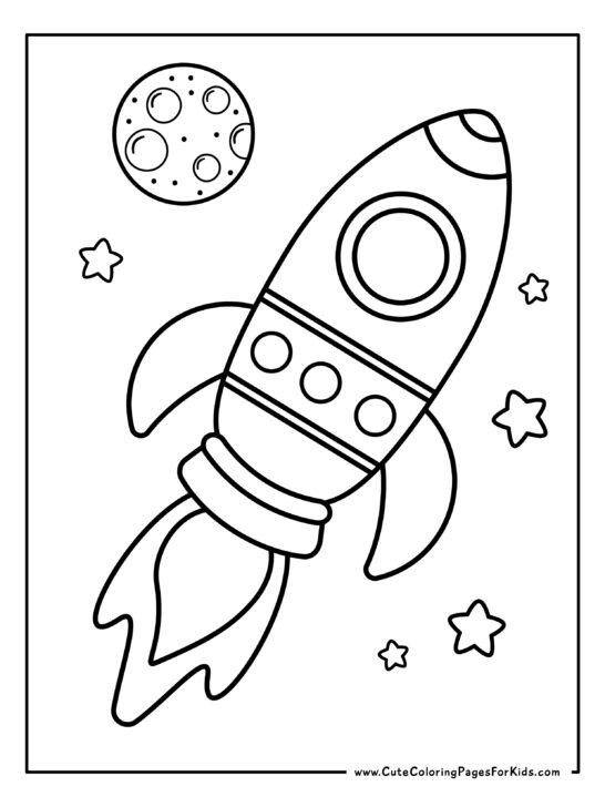 rocket ship coloring page in outer space with moon and stars