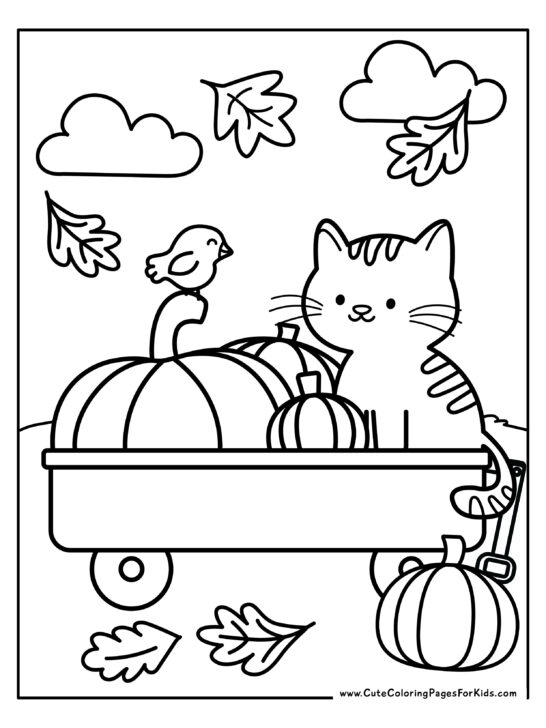 coloring page with pumpkins and cat inside a wagon and a bird perched on top of a pumpkin stem