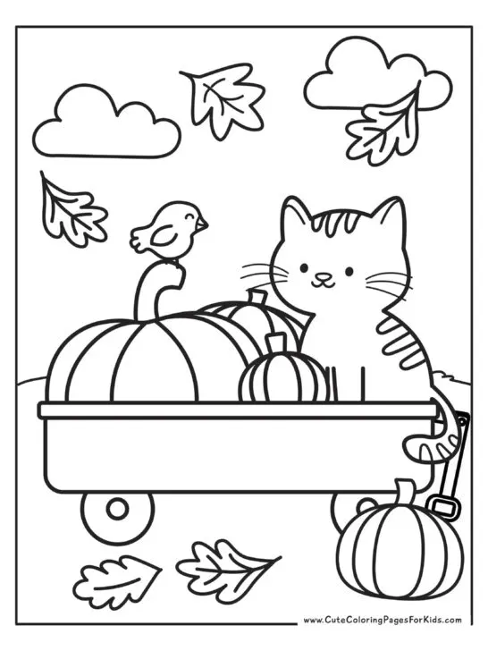 coloring page with pumpkins and cat inside a wagon and a bird perched on top of a pumpkin stem
