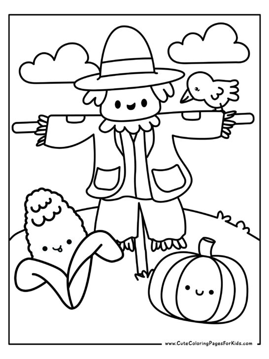 coloring sheet with simple illustration of a scarecrow, corn on the cob, pumpkin, and crow, with clouds in the background