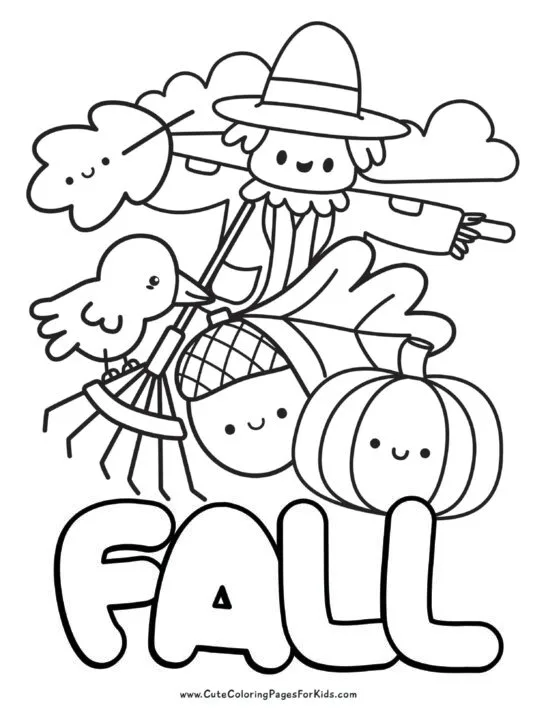 fall coloring sheet with the word fall, scarecrow, pumpkin, acorn with leaf, crow, rake, and falling leaf