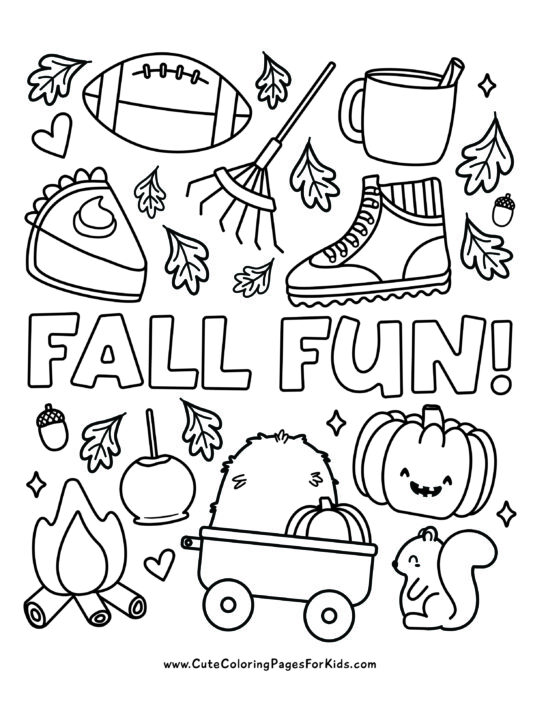 coloring sheet with simple illustrations of fall elements such as a football, rake, leaves, boot, candy apple, jack-o-lantern, squirrel, acorns, pumpkin pie, bonfire, and the words "Fall Fun"