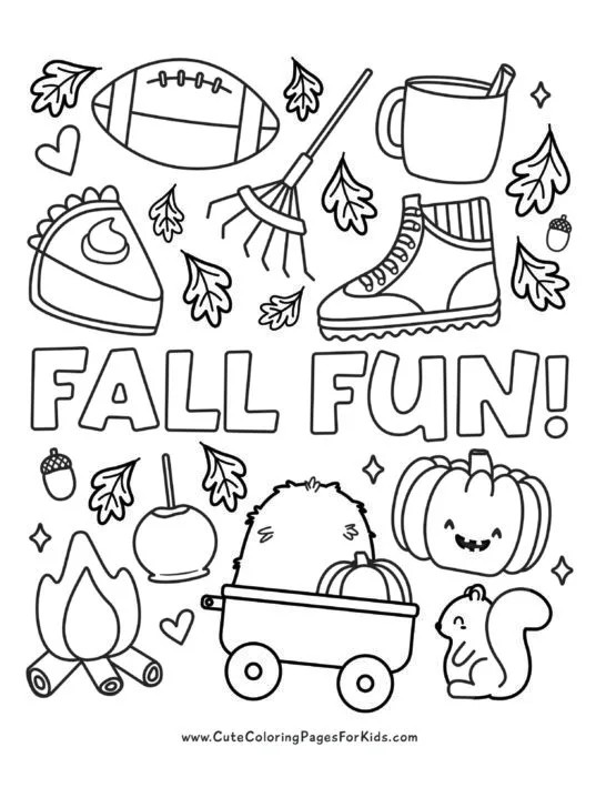 coloring sheet with simple illustrations of fall elements such as a football, rake, leaves, boot, candy apple, jack-o-lantern, squirrel, acorns, pumpkin pie, bonfire, and the words "Fall Fun"