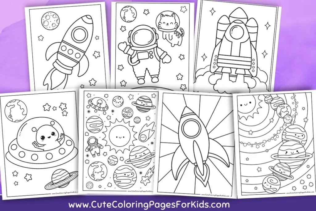 space themed coloring sheets laid out on a purple background