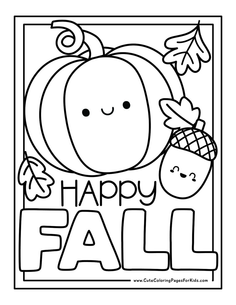 coloring page with words "happy fall" and simple pumpkin that has a curly stem and a smiling acorn, plus fall leaves