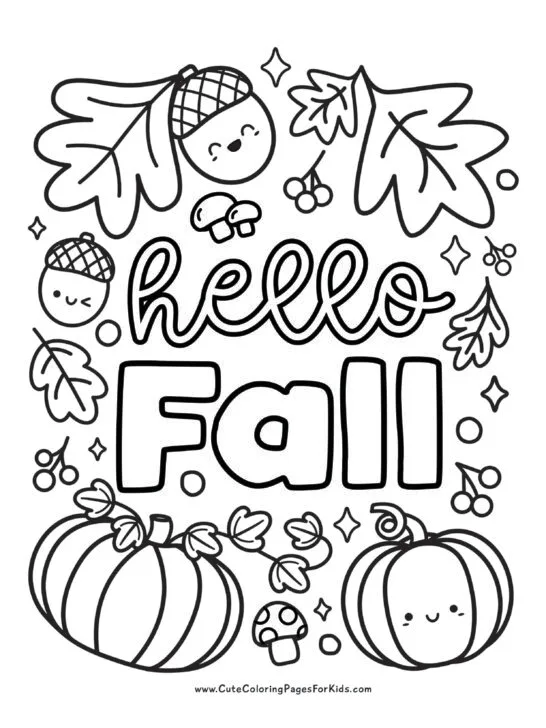 hello fall coloring page with kawaii acorns and pumpkin, plus falling leaves, berries, and mushrooms