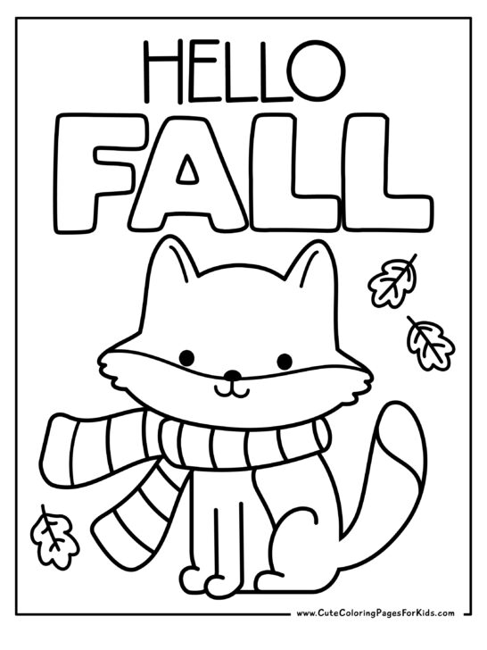 coloring page with a fox wearing a scarf, falling leaves, and the words Hello Fall at the top of the page