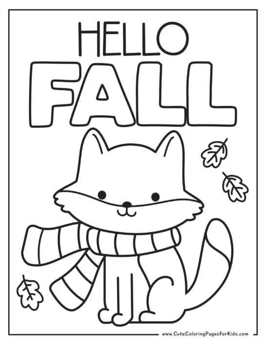 coloring page with a fox wearing a scarf, falling leaves, and the words Hello Fall at the top of the page