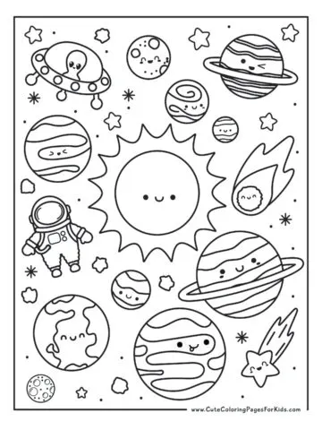 space coloring sheet with planets, astronaut, alien in spaceship, meteor, asteroid, sun, and stars