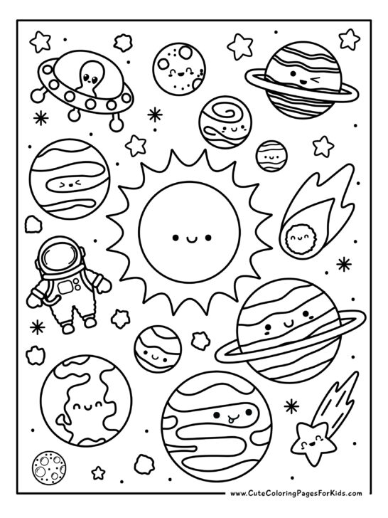 space coloring sheet with planets, astronaut, alien in spaceship, meteor, asteroid, sun, and stars