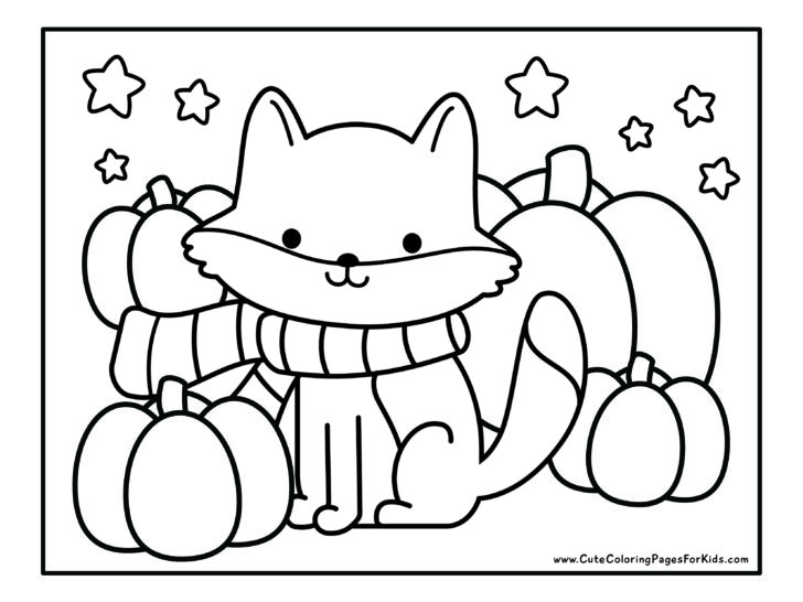 coloring sheet with picture of a cute fox wearing a striped scarf, surrounded by pumpkins, with stars in the sky