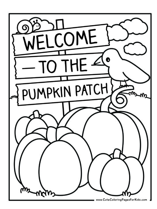 pumpkin patch coloring page with four different pumpkins, a crow, a snail, and a sign that reads "welcome to the pumpkin patch"