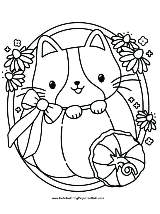 coloring page with illustration of a cute kitten wearing a bow popping out of a pumpkin, with flowers along the border