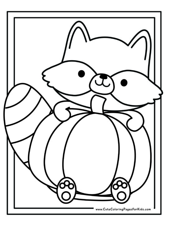 coloring page with drawing of a cute raccoon holding a giant pumpkin, with a two-line border around it.