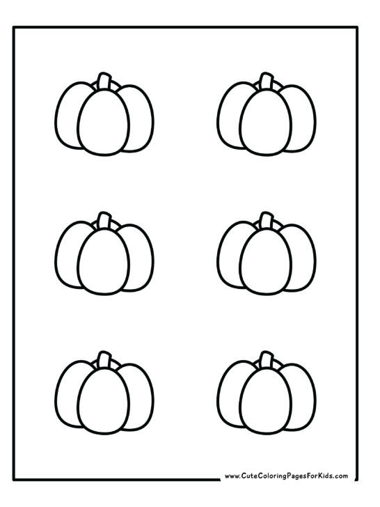 printout for kids with six small, identical pumpkins to cute and color