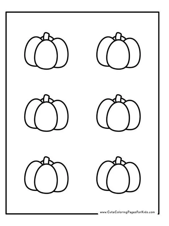 printout for kids with six small, identical pumpkins to cute and color