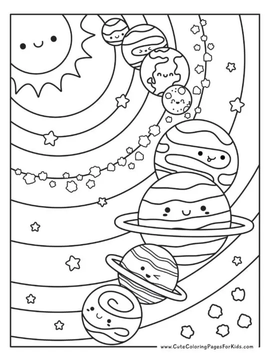 full page coloring sheet of solar system with cute elements, such as planets, sun, stars, and asteroid belts, illustrated in kawaii style