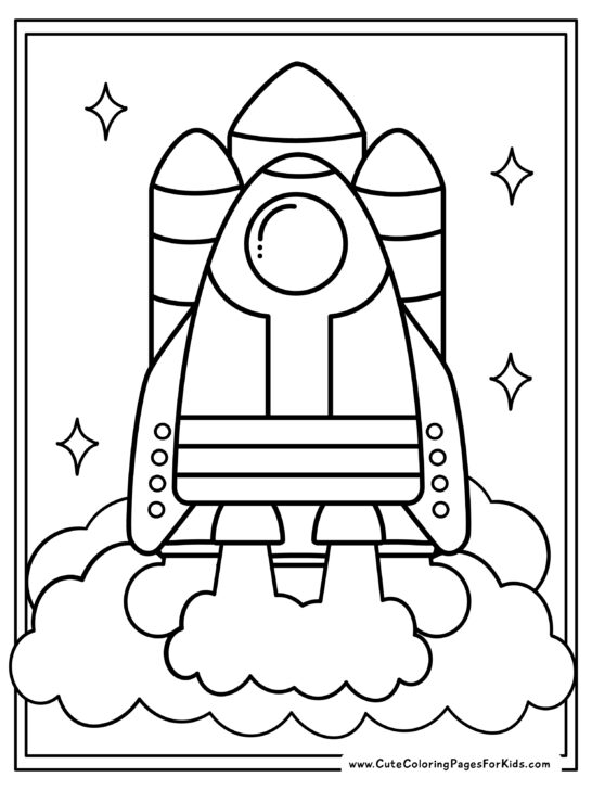 coloring page with picture of spaceship blasting off with rocket boosters.