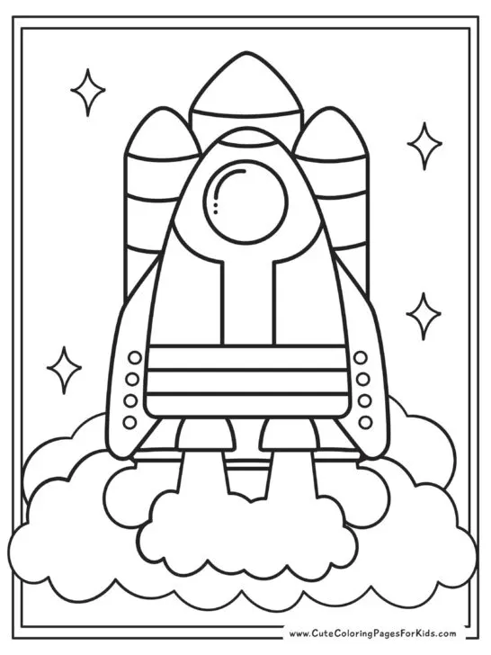 coloring page with picture of spaceship blasting off with rocket boosters.