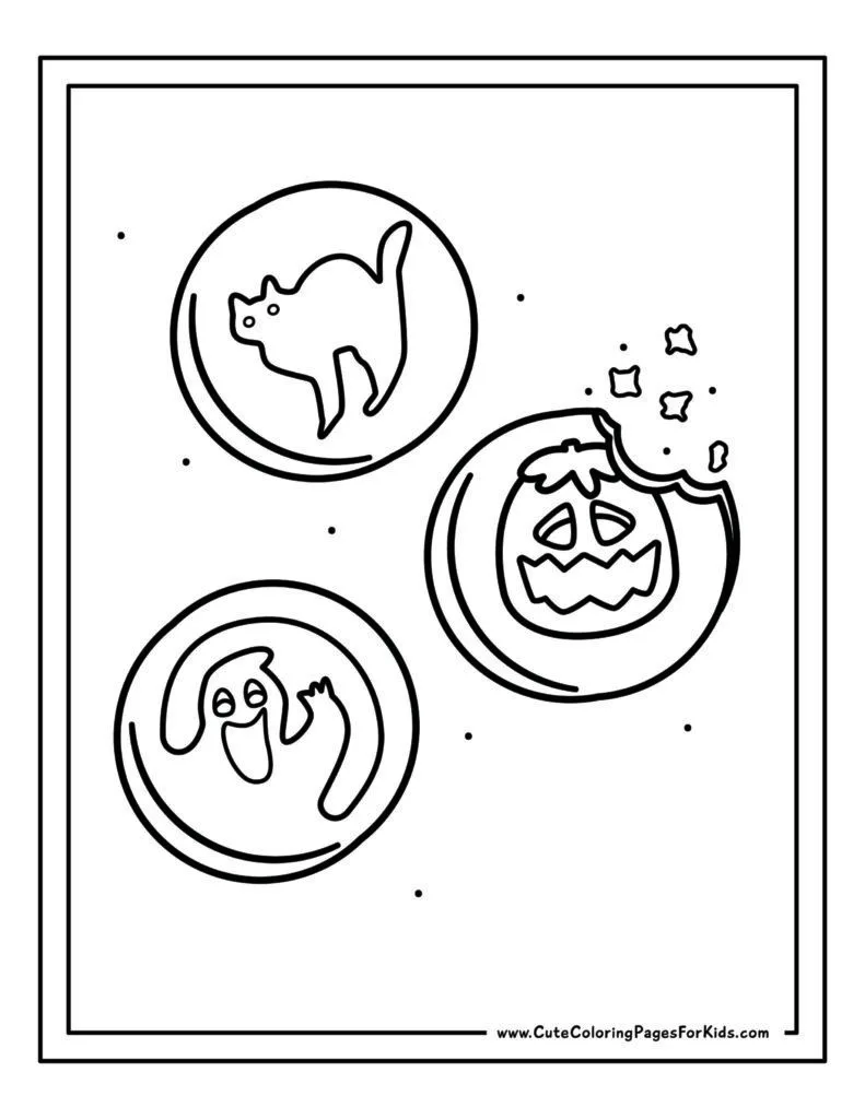 halloween sugar cookies coloring page with ghost, cat, and jack-o-lantern cookies